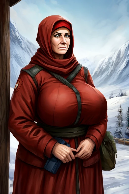 Mature woman with very big and huge breasts prisoner of war in cold gulag shivering