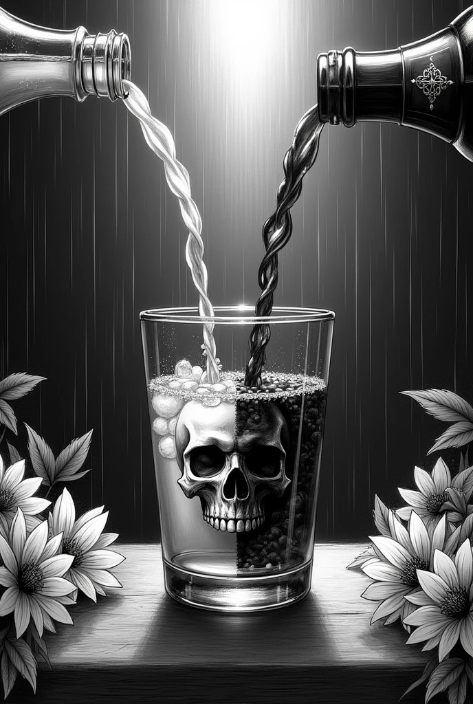 a bottle of lemonade and a bottle of whisky pour into a glass at the same time. from right and left. On the glass is a skull emblem. in the glass are ice cubes . It's raining in the background. Sun rays shine. It's lightning. The picture is a black and white sketch. Flowers are on the edge.