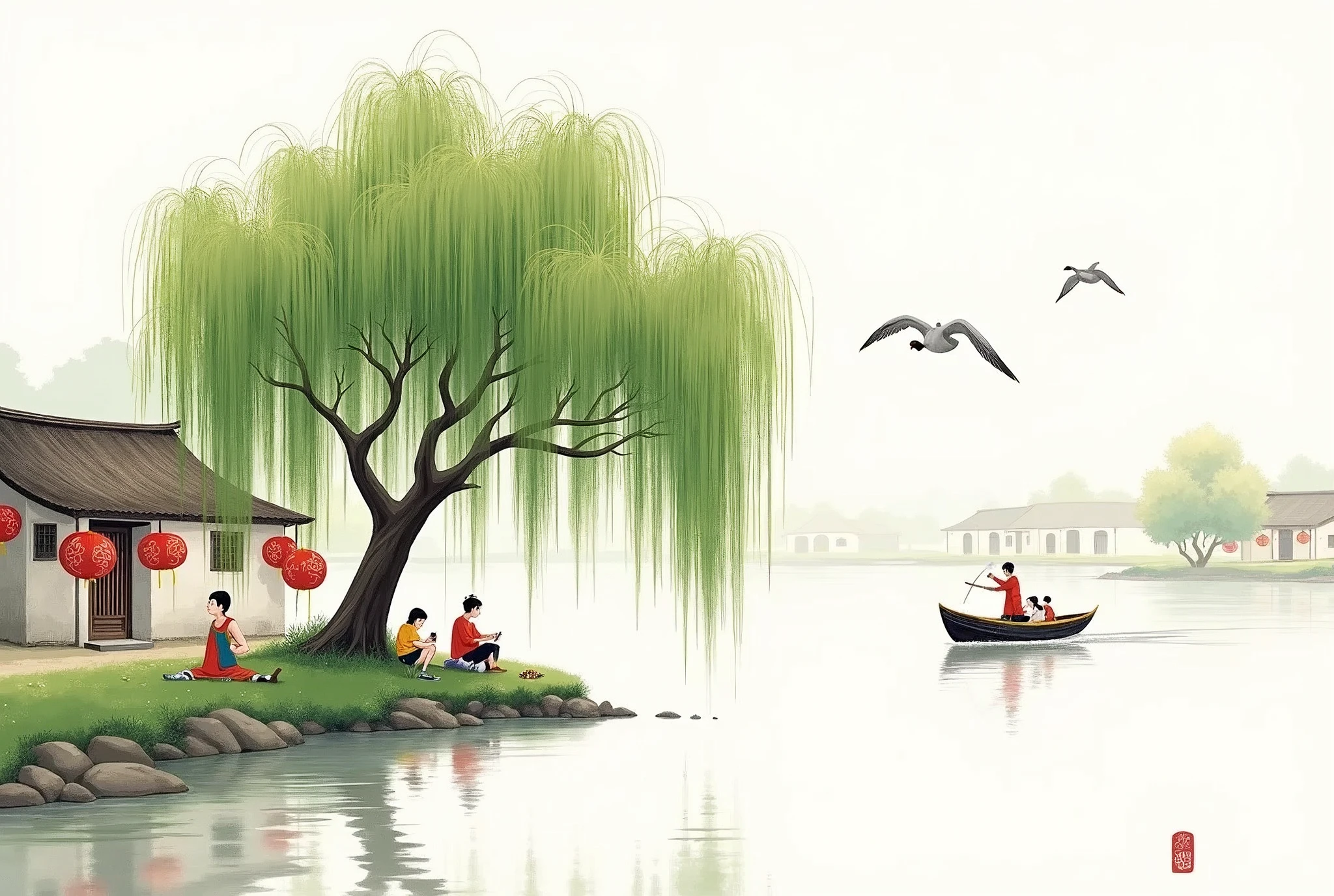 Chinese illustration, a green willow tree on the riverbank in the style of Wu Guanzhong, people sitting under it playing, red and yellow decorations hanging in front of white-walled thatched houses, a boat riding through the water with geese flying above, in a traditional Chinese painting style with simple lines, bright colors, and a high definition on a white background.
