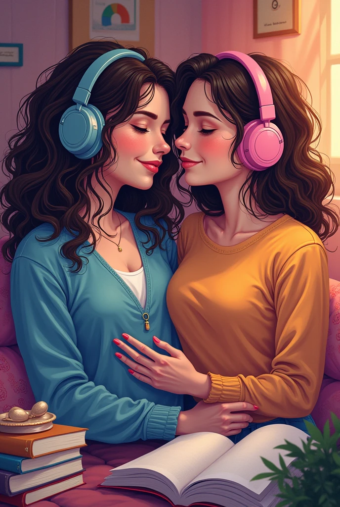 Headphones and books. Two lesbian women, colorful image with rainbow colors. Female symbol connected with another female symbol.