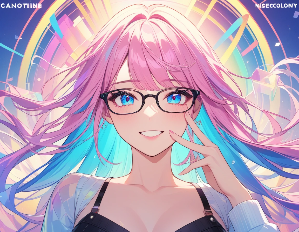masterpiece,bestquality,superwideangle,fingeraudience,1girl,pinkandwhitehair,hand,cuteanimeface,tears,masterpiece,glasses,transparentcolorPVCclothing,transparentcolorvinylclothing,wholebody,glitchlump}onface,smile,mediumhair,filmgrain,lens_flare,colorful,chromaticaberration,dynamicpov,closedmouth,Intenseemotionalexpression:death,glitchart,ultra-detailed,extremelydelicateandbeautiful,albumcover,album,albumdescription,Pixilationonface,Doubleexposure,ChromaticAberration,Lightleaks,Noiseandgrain,Colordegradation,Glitchlettering,art,abstractart,geometry,clearlines,squares,bright,limitedpalette,{canonicalcomposition},neatdiagonalstripedbackground,{{bluewithwhitestripedbackground}},{limitedpalette},flatcolored,blueandwhite,