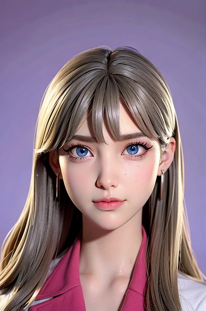 masterpiece, best quality,3d rending work,3DMM style, close-up, portrait, 3D,1girl, solo, perfect face, long hair, academy blue school uniform , long light blonde hair dyed with tint of pink color and with cute fluffy bangs well styled, hair dyed with pink color, detailed light blue eyes highlight light reflecting in her eyes, looking straight to the viewer, realistic, upper body, white background, colorful lighting, lips, edgy makeup, black shade of makeup on eyelids, ear piercing, fair skin, perfect hourglass body, she has sharp jawline, photo card, The artwork should have the best quality, with ultra-detailed and realistic features. The color palette should be vivid, and the lighting should emphasize the character's facial structure and expression.