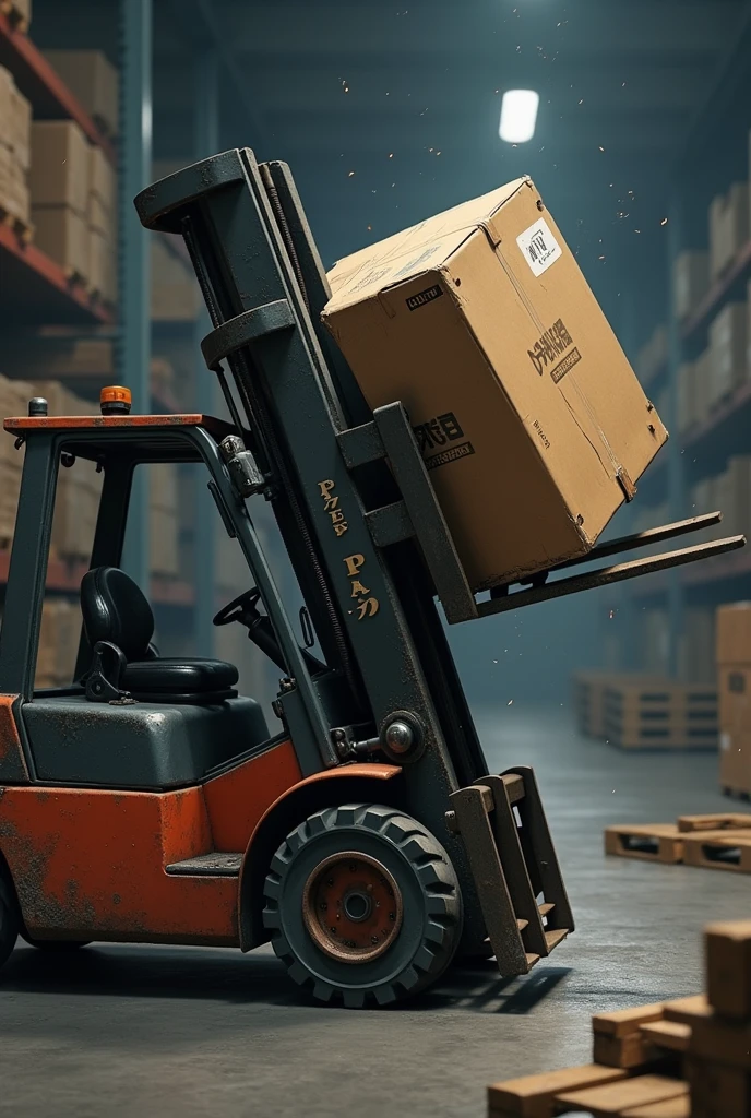 Create an image of a box falling onto a forklift