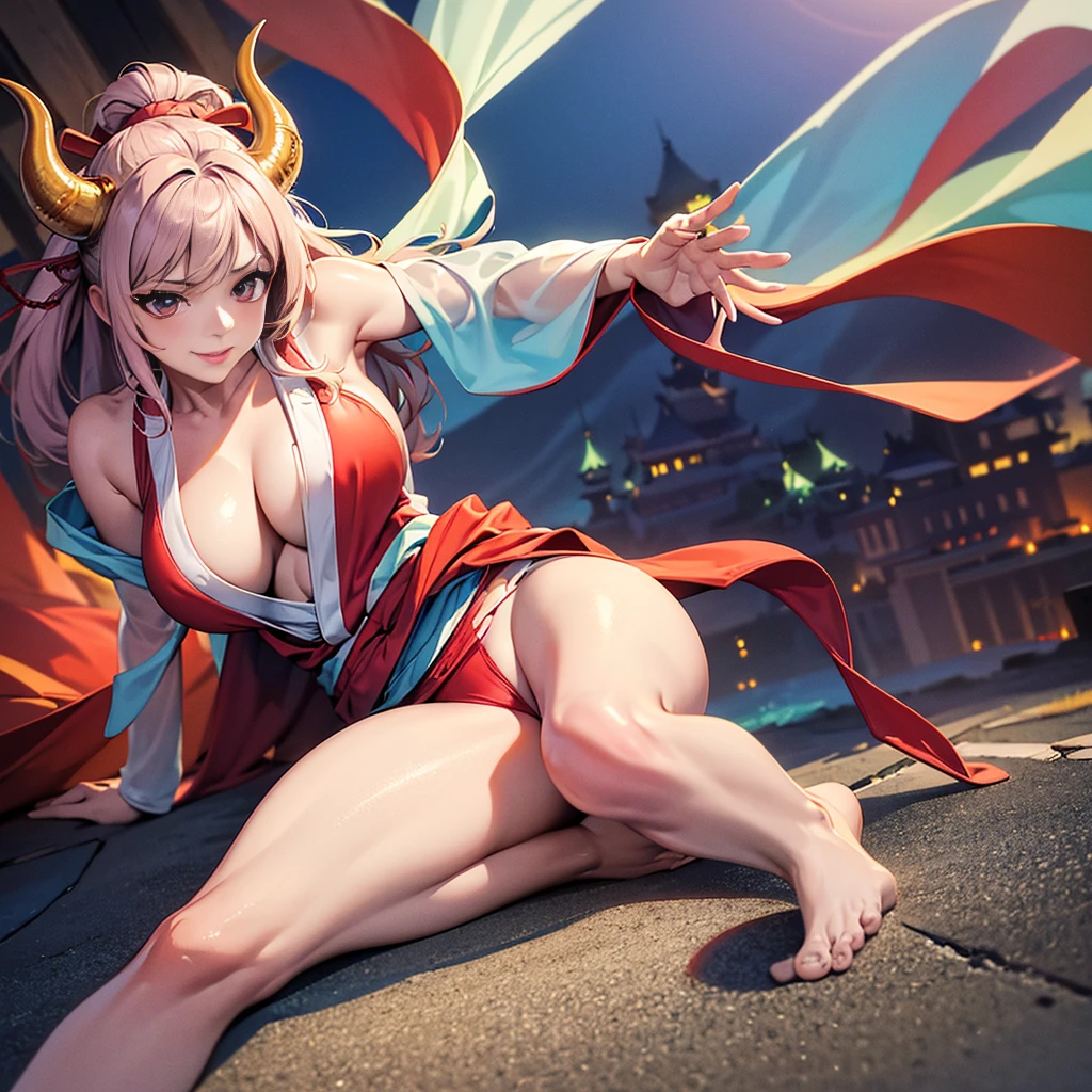 Highest quality, masterpiece, Absurd resolution, Ultra-high resolution, 8k, , Realistic, Bright colors, , Vibrant color palette, Great studio lighting, Very detailed, Detailed eyes, Detailed skin, Detailed Hair, Detailed fabric, BREAK , YamatoV2(one piece), y Pose, Perfect body skinny, Beautiful eyes, Beautiful Lips, , , sexhorn(Wrapping , Left and right pair, multicolo Red), large breastavage, Sli smile, Torn clothes, Loincloth, , , Bright colors, ,The clothes are see-through , full-body, dynamic angle, (background is Japanese Castle)