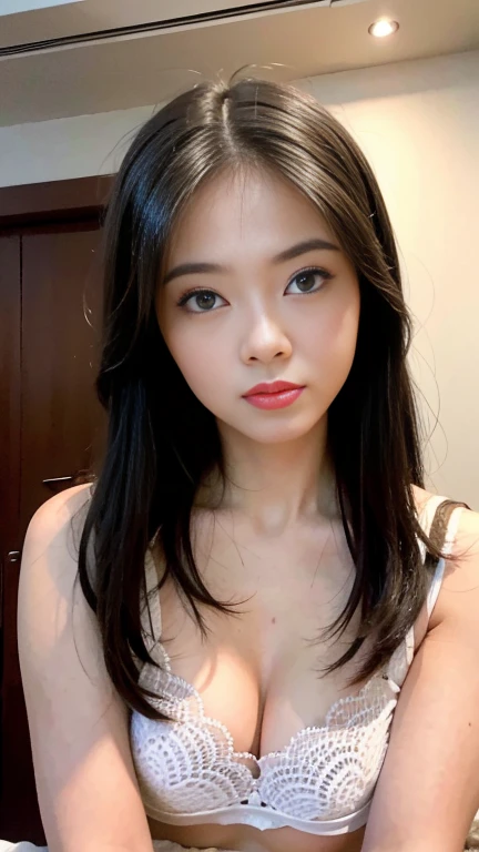 (Photorealistic:1.4), (Masterpiece, Sidelight, Fine Beautiful Eyes: 1.2), Masterpiece*, Realistic, 3D Face, Luminous Eyes, Glossy Hair, Glossy Skin, Alone, Embarrassing, (Epigastric), Sexy Underwear, , SMALL and PERKY BREAST, BUN