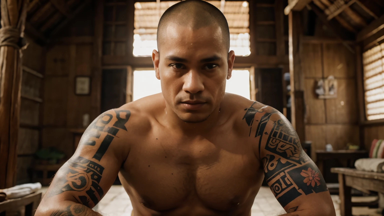 (Best quality, 4k, 8k, high resolution: 1.2), ultra detailed, realistic, photorealistic: 1.37, a shaved, chubby woman with tattoos all over her body, dressed as a monk in a temple in the Amazon - **Appearance**: Love, shaved, tattoos all over his body. - **Attire**: Monk's robe. - **Tattoos**: Intricate, tribal, symbols of tribes and mystical animals. - **Appearance**: Intense, determined, did you know. - **Setting**: Temple in the Amazon jungle, connection with nature. Defiant look with rude gesture