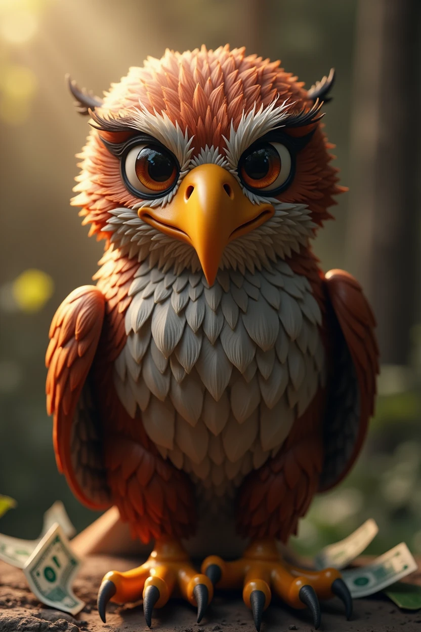 Make an image that has an animated figure of a hawk that looks for promotions and offers with money in its eyes and with a thirst for blood