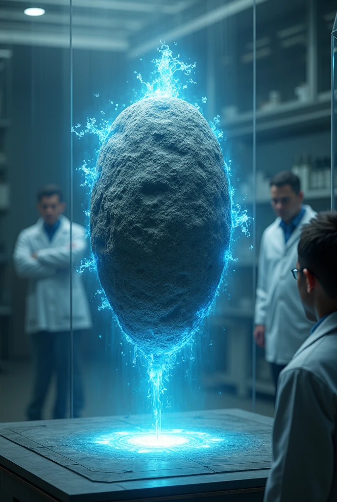 In a room, a semi-oval floating object, gray and stone-shaped, with blue flashes breaking the shell that covered it, and all of this behind a glass window in a laboratory with scientists watching from behind.