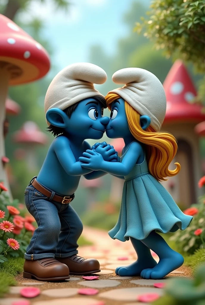 Smurfs Man slaps woman and the smurf woman grabs him and kisses him by force