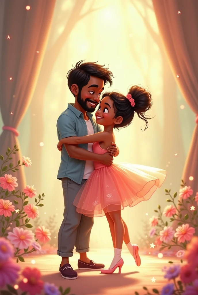 Disney style image father&#39;s day dad with his ballerina daughter with charming background dancing black skin