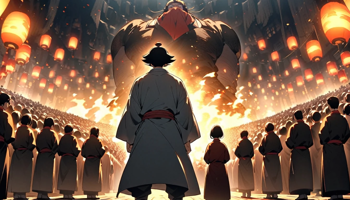 Ishikawa Goemon standing in front of a crowd。There is a person behind him々are gathering、Everyone is looking up to him。Goemon's appearance、He exudes heroic dignity and charisma.。