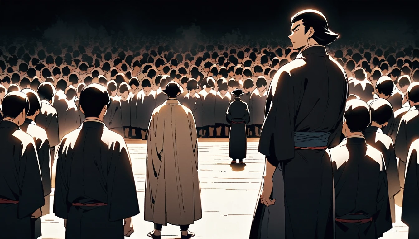 Ishikawa Goemon standing in front of a crowd。There is a person behind him々are gathering、Everyone is looking up to him。Goemon's appearance、He exudes heroic dignity and charisma.。