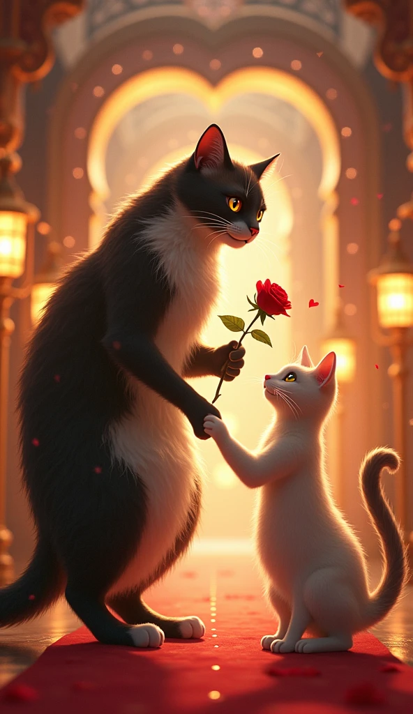 Scene 2: The Grand InvitationDescription: The Big Romantic Cat, towering and graceful, approaches the Elegant Female Cat with a charming smile. He offers a single red rose, which seems small in his large paw. The pathway they stand on is lined with tall, glowing lanterns, leading to a grand, heart-shaped archway. The female cat, delicate and graceful, looks up at him with sparkling curiosity, her small figure highlighted against the grandeur of the scene. His size and strength contrast beautifully with her elegance and delicacy.