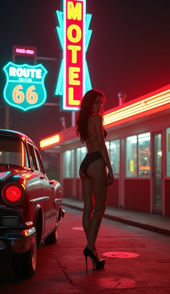 ((masterpiece, highest quality, Highest image quality, High resolution, photorealistic, Raw photo, 8K)), arafed view of a motel with a car parked in front of it, with neon signs, A woman waiting for a guest in front of a motel, seduction, short dress with exposed breasts and high heels, Open your legs and roll up your skirt, route 6 6, neon signs, 1 9 5 0 s americana tourism, some have neon signs, neon lights outside, neon advertisements, gigantic neon signs, neon shops, by Arnie Swekel, few neon signs, neon signs in background,