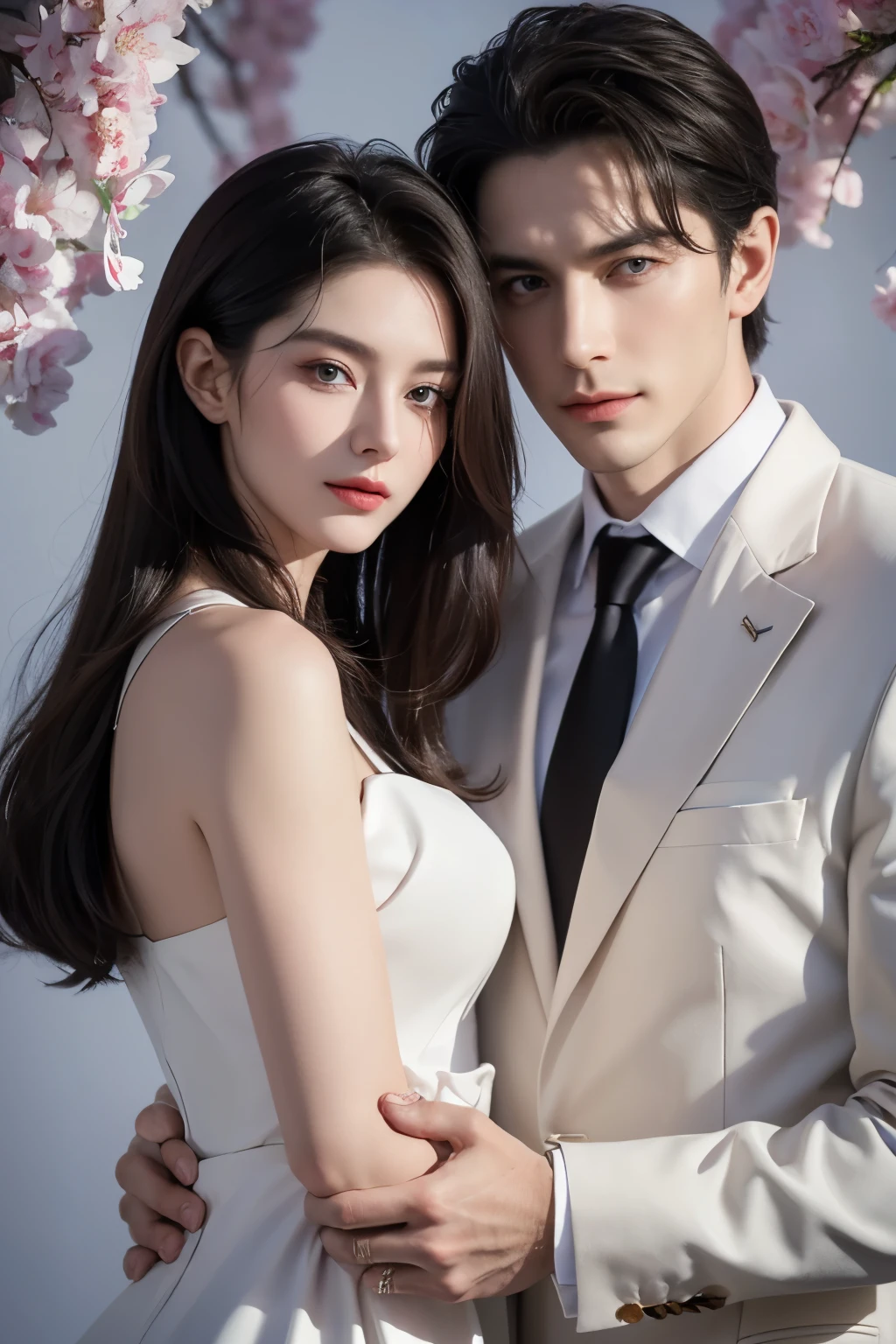 Modern. Russian couple. A man (mature) and beautiful girl . elegant couple. Casual wear. Dark hair color. Very deatiled face. pretty eyes (perfect eyes). 8K resolution. Masterpiece, love, glowing light. Look at the viewer. white petals. Bright color.