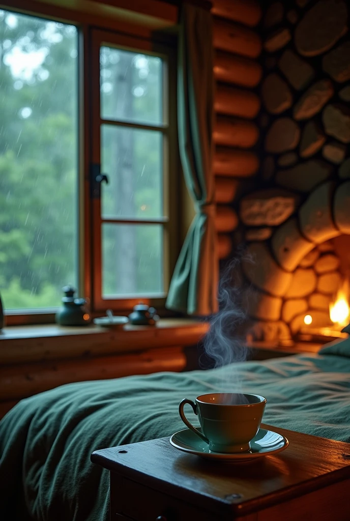 A rustic cabin bedroom with rain streaking down the windows, a stone fireplace, dimly lit lamps, and a teacup with rising steam on a wooden nightstand. Add soft smoke curling from the tea, no blur, clear night outside wet, Realism, bamboo, Dreamy haze, Mint Green, atmospheric, high detail