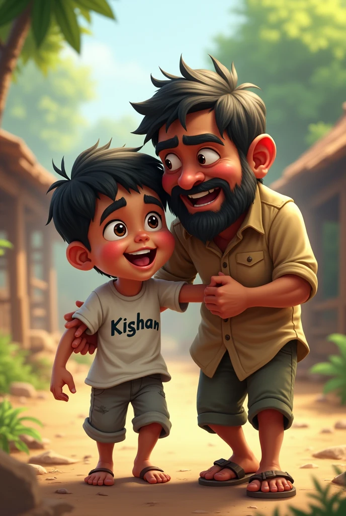 Creat a image a  boy playing with his father a 35 year old indian village man . Name 'kishan' written on boys t shirt and papa written on father's shirt




