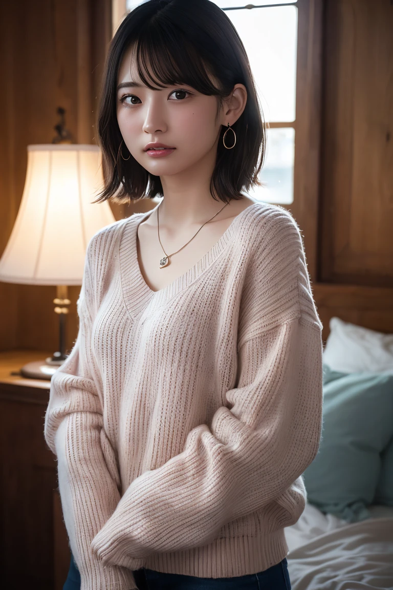 (Highest quality:1.4),(masterpiece:1.4),(Realistic:1.4),(Realistic:1.2),(超High resolution, RAW Photos:1.4),(High resolution, Very detailed:1.2),(8k:1.2),View your audience,Cinematography,One Girl,skeletally correct,Black-haired woman,(Small earrings,necklace,Pink Summer Knitwear,View from the front),(Inside the Western-style building,Dimly lit room,The lamplight shines on my cheeks)
