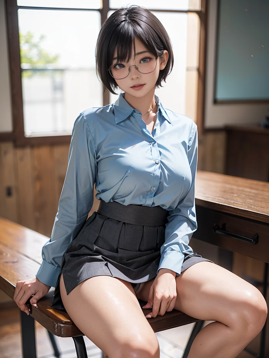 8k, RAW Photos, Highest quality, masterpiece, Realistic, Realistic, (1 Ultimate beauty), Mature Woman,(Strictly adhere to a composition where only one person appears in the photo)、(In the conference room)(Wear rimless glasses)((wearing a light blue shirt))((She is wearing a gray flared miniskirt.))((female teacher))(Married women) Highly detailed face, (Perfect Teeth), fine grain, double eyelid, eyelash, Lip details, (((Black short bob hair))), (((Very large breasts)))Big Breasts,((Increase nipple protrusion))(((Sitting at a desk、She spreads her legs to emphasize her crotch)))(((She holds her knees and spreads her legs wide)))(((Spread your legs in an M shape)))(((Emphasize the bite of the crotch)))Cowboy Shot, Soft Light, ((Written boundary depth))
Proceed with caution,((30 years old, Japanese women)), (((moderately fleshy body, Tight waist))), (((Front view, Realistic buttocks,))Front view