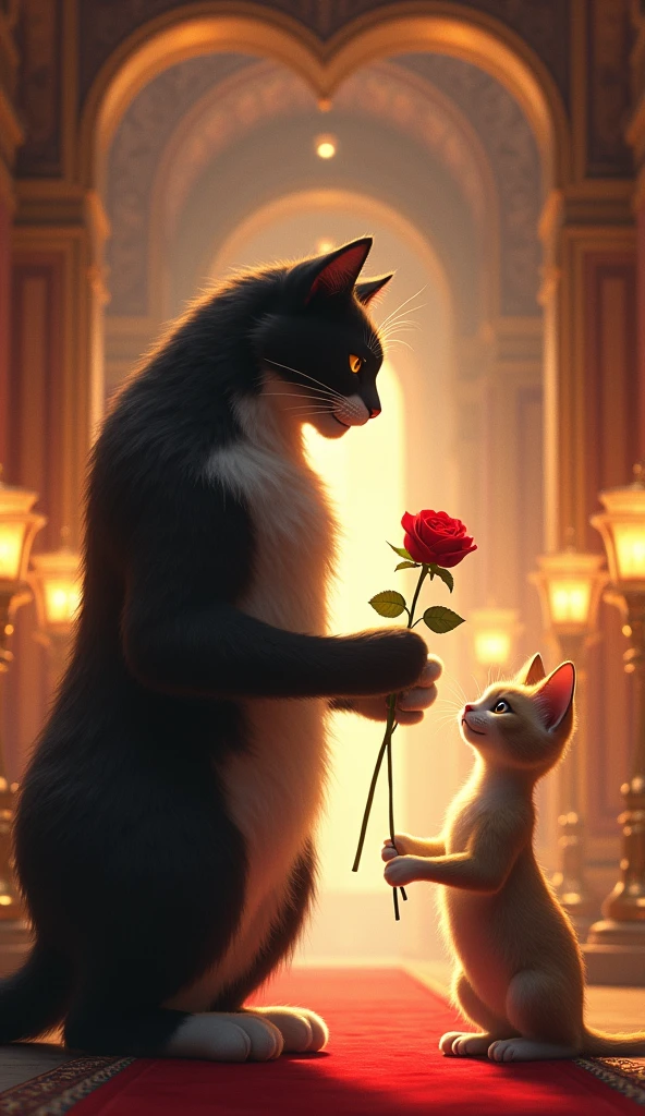 Scene 2: The Grand InvitationDescription: The Big Romantic Cat, towering and graceful, approaches the Elegant Female Cat with a charming smile. He offers a single red rose, which seems small in his large paw. The pathway they stand on is lined with tall, glowing lanterns, leading to a grand, heart-shaped archway. The female cat, delicate and graceful, looks up at him with sparkling curiosity, her small figure highlighted against the grandeur of the scene. His size and strength contrast beautifully with her elegance and delicacy.