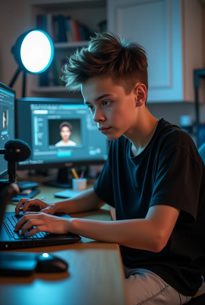 A boy wearing a black t shirt and white jeans is making youtube videos and have a laptop in front of him with mic and other equipments with a unique hair style