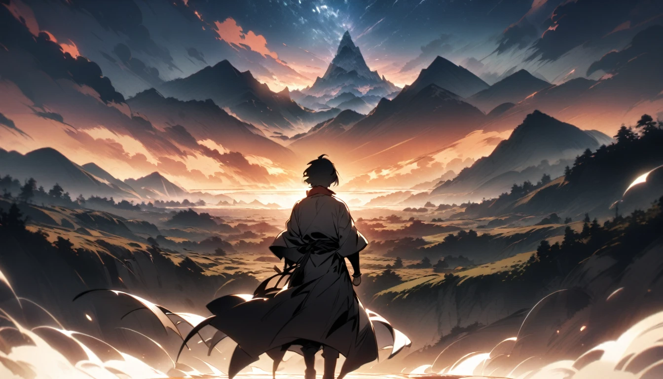 A scene of Goemon Ishikawa standing with the sunset sky behind him。He is portrayed as heroic、Mountain behind々And the land spreads out。Spectacular scenes with silhouettes
