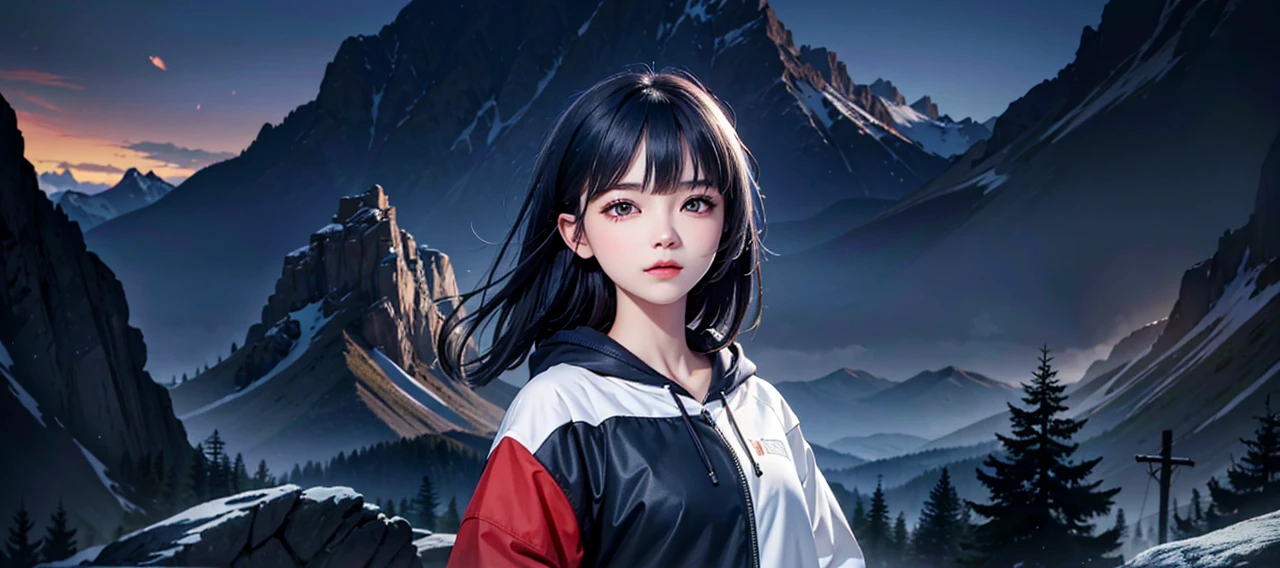 masterpiece, best quality, high quality, 1girl, solo, (((picture perfect))), (absurdres), 1girl, hinata_hyuuga, portrait, short hair, blue hair, blunt bangs, sidelocks, white eyes, no pupils, hoodie, forehead protector, jacket, mountain