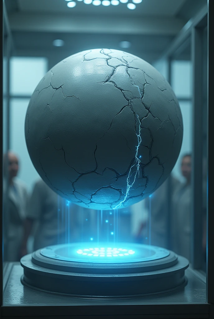 In a room, a semi-circular, oval, gray floating object with blue flashes breaking the shell that covered it and all of this behind a glass window in a laboratory with scientists watching from behind.