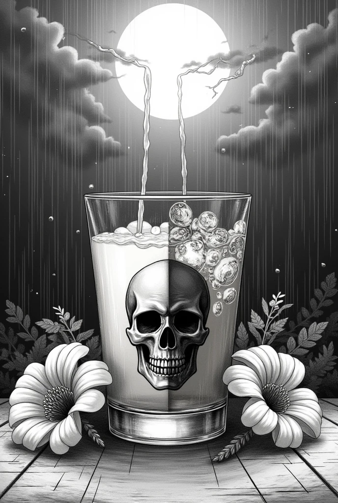 a bottle of lemonade and a bottle of whisky pour into a glass at the same time. from right and left.  On the glass is a skull emblem. in the glass are ice cubes . It&#39;s raining in the background.  Sun rays shine.  It&#39;s lightning. The picture is a black and white sketch. Flowers are on the edge.
