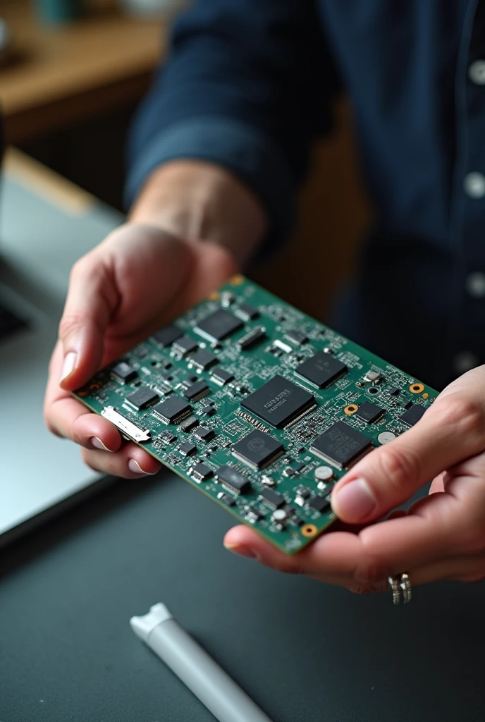 Second scene: The protagonist has removed the logic board of the Macbook and is holding it in his hands.