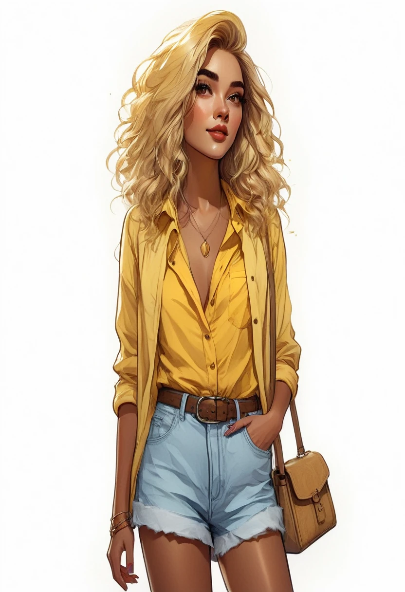 a woman with blond hair and a yellow shirt is standing, in digital illustration style, cartoon style illustration, trends in art, no art style by bowater, highly detailed character design, style of charlie bowater, Beautiful drawing style, Charlie Bowater art style, stunning art style, colorful illustration, detailed fashion illustration, yellow theme wavy hair