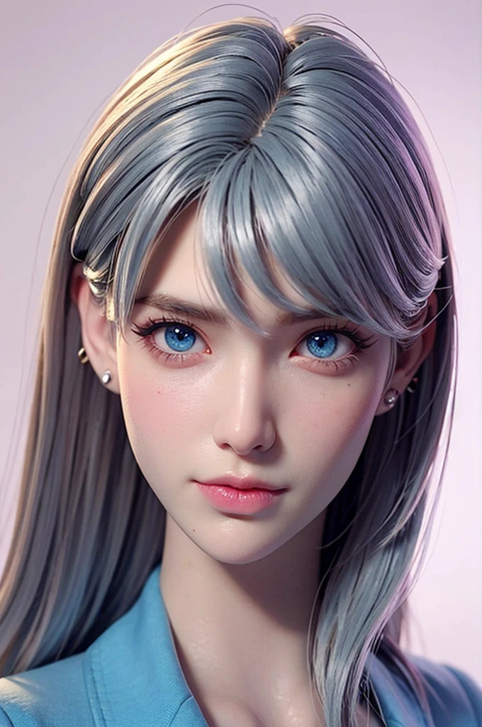 masterpiece, best quality,3d rending work,3DMM style, close-up, portrait, 3D,1girl, solo, perfect face, long hair, academy blue school uniform , long light blonde hair dyed with tint of pink color and with cute fluffy bangs well styled, hair dyed with pink color, detailed light blue eyes highlight light reflecting in her eyes, looking straight to the viewer, realistic, upper body, white background, colorful lighting, lips, edgy makeup, black shade of makeup on eyelids, ear piercing, fair skin, perfect hourglass body, she has sharp jawline, photo card, The artwork should have the best quality, with ultra-detailed and realistic features. The color palette should be vivid, and the lighting should emphasize the character's facial structure and expression.