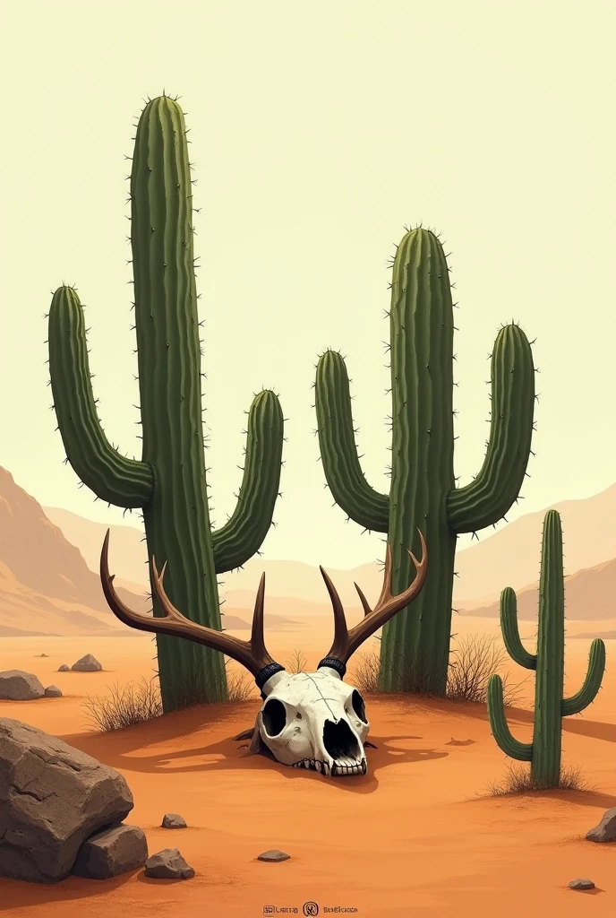 Desert with three cacti with a deer skull in the center