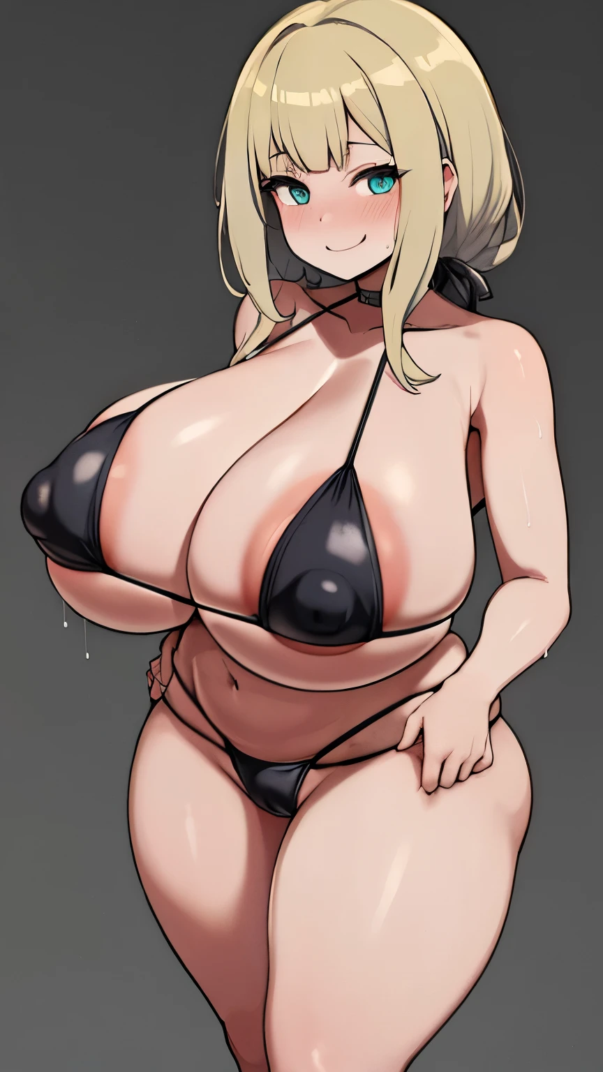 Anime Girls, (masterpiece, highest quality, 8K ultra-high resolution:1.4), gleaming skin, beautiful detailed eyes, ultra-detailed, cowboy shot
1girl. solo, mature, adult, milf, facing viewer,
looking at viewer,
smile, horny, sweat, nervous,
((black micro bikini)), Huge areola, big butts, thick thighs,
grey background, simple background,