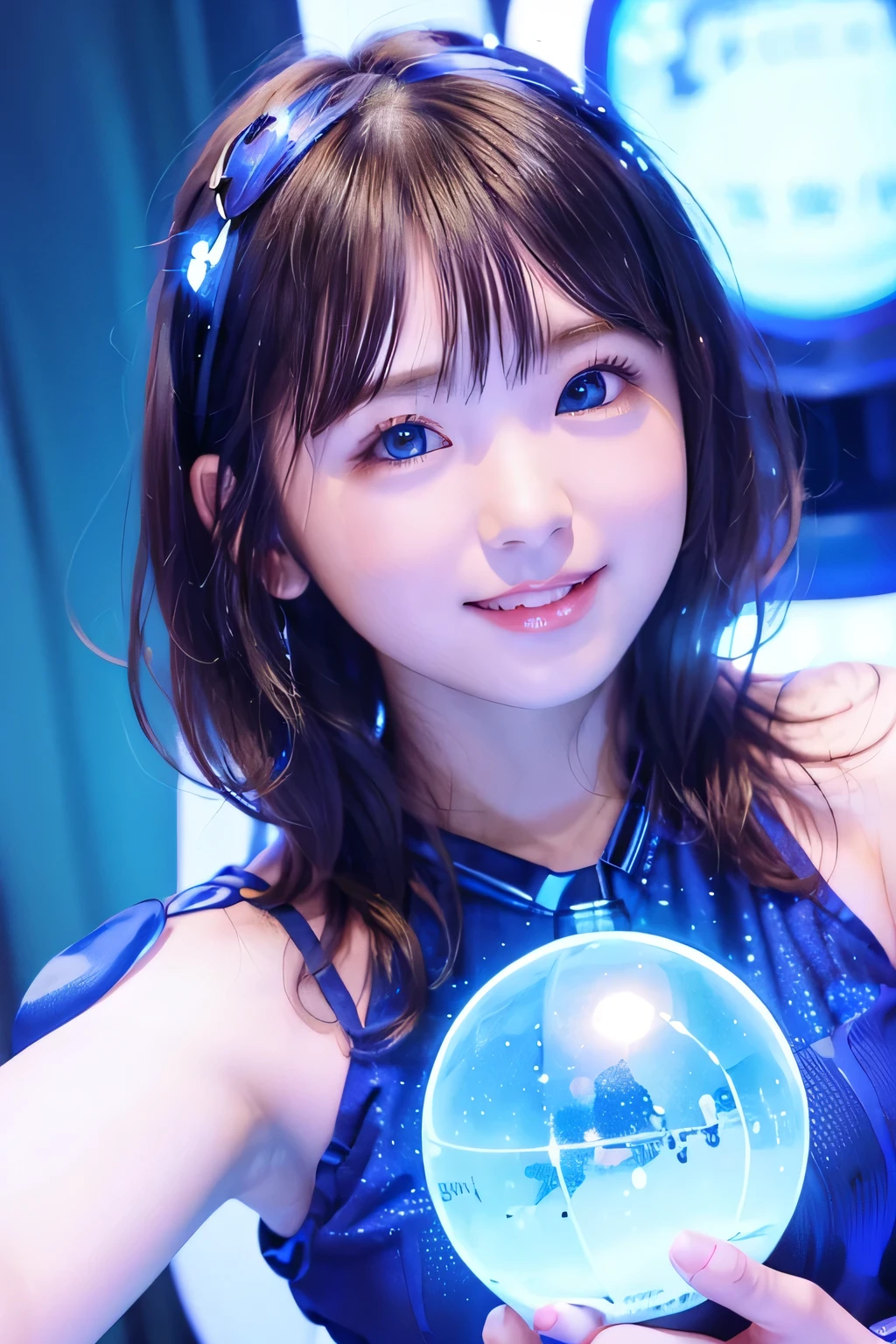 ８hair, Portraiture, Portraiture, (alone), masterpiece, Highest quality, Blue glowing plasma ball、 (((slim)))、Flat Body、、cute、Round face、、((Headshot closeup))、Blue Interface、A sloppy smile、(Sparkling blue eyes)