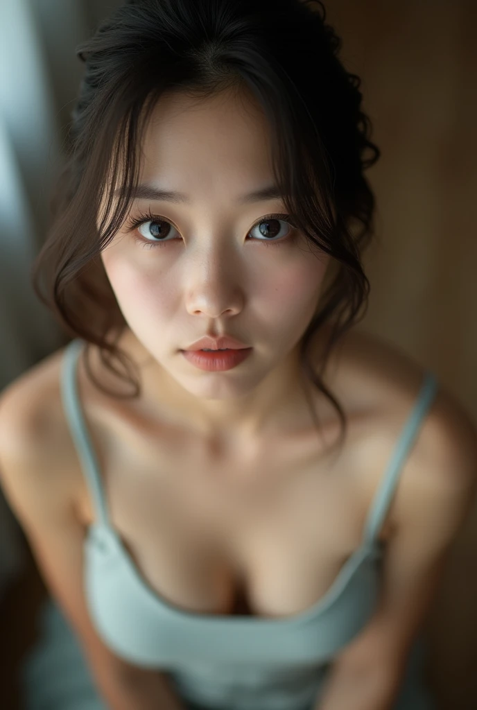 realistic photo, 25-year-old Japanese woman, tank top, eroded nipple, looking at the camera, from above, detailed face and body, natural lighting, high resolution, photorealistic, (best quality,8k, high res,masterpiece:1.2),ultra-detailed,(realistic, photorealistic,photo-realistic:1.37), realistic skin texture, detailed eyes, and lips, beautifully detailed face, long eyelashes, smooth skin, natural body shape