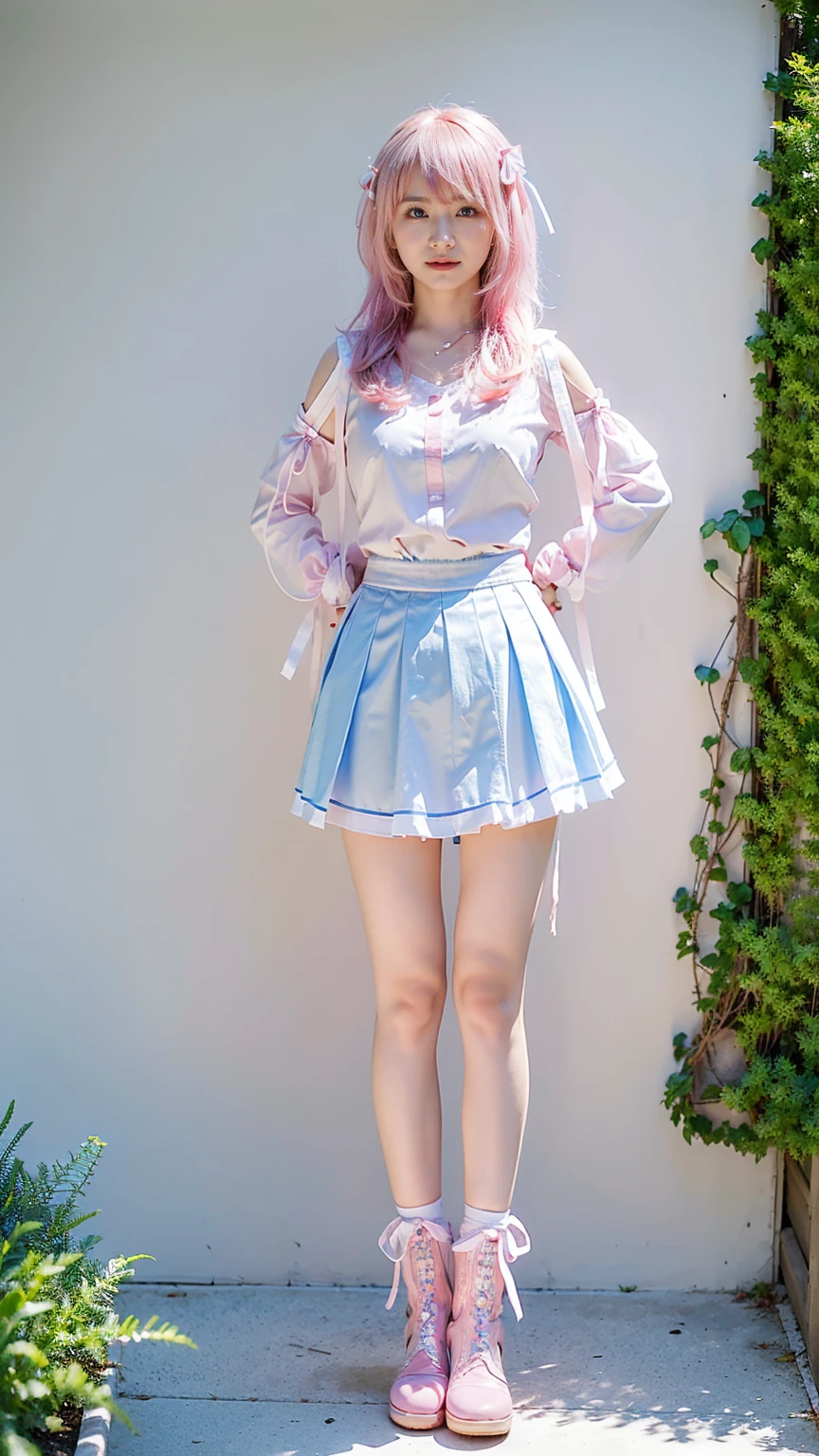 (8k、RAW Photos、Highest quality、masterpiece:1.2)、(Realistic、Realistic)、1 girl、((white、pink、light blue、mini skirt、pinkの髪、Breast enlargement、boots、ribbon、Thin legs、whole body、View from the front、Looking into the camera、ribbon、garden、See-through、Stand with hands on hips))、cute