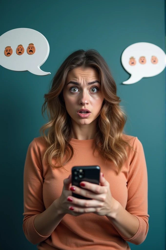 Une personne avec une expression de panique, les yeux grands ouverts, tenant son téléphone, tandis que des bulles de chat montrent des messages inappropriés envoyés à un groupe de travail