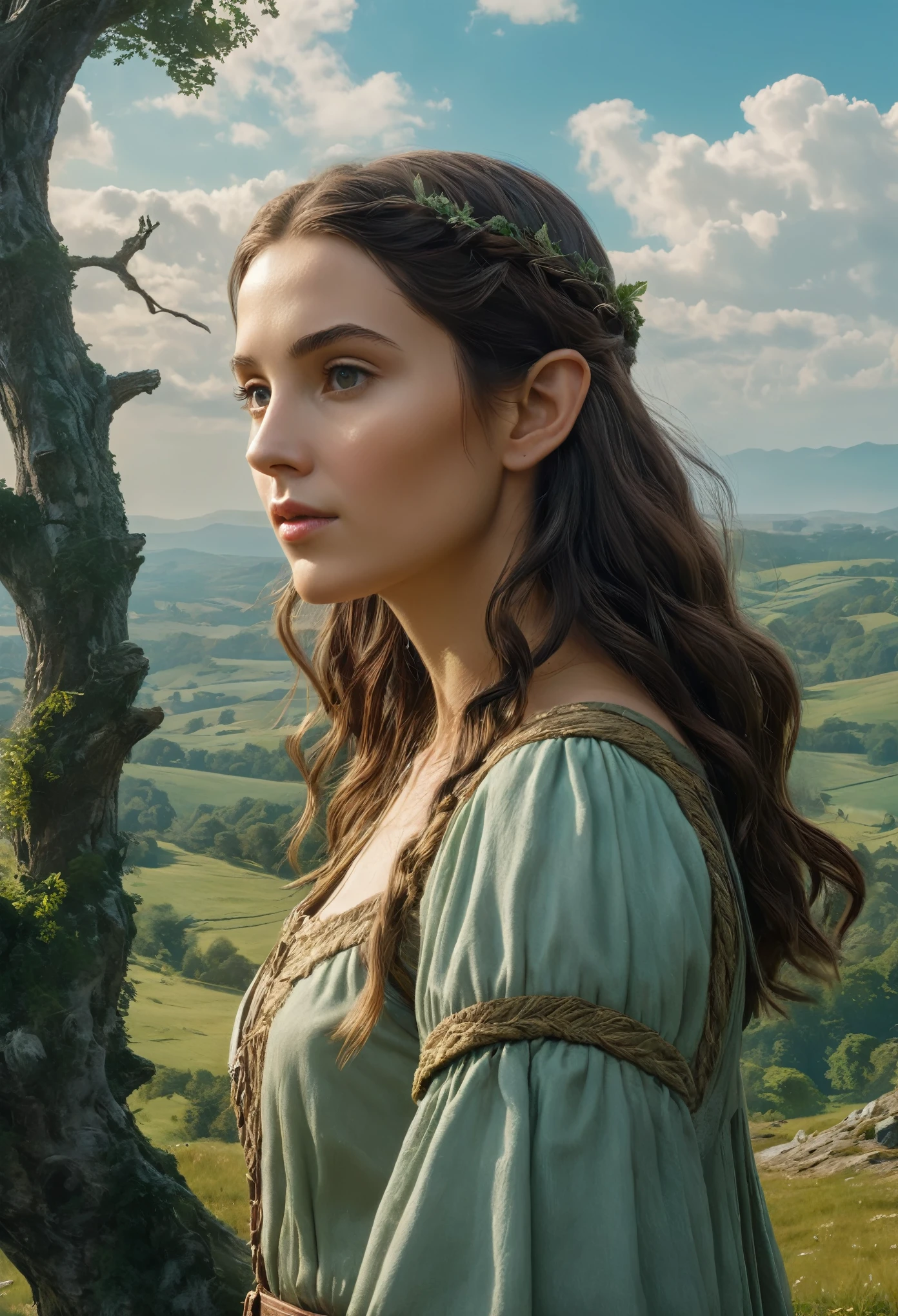 16K, Extensive details, ((Intricate details))) Vast Sky,Many trees with intertwined trunks々Field,Beautiful sky,Level 15,Rocky surface, (Realistic), art (((Claude Lorraine))), J.R. Tolkien type [Sharp focus], (High resolution), (8k), (Gigapixel), (masterpiece), A beautiful elf girl standing, (best quality,4k,8k,highres,masterpiece:1.2),ultra-detailed,(realistic,photorealistic,photo-realistic:1.37),