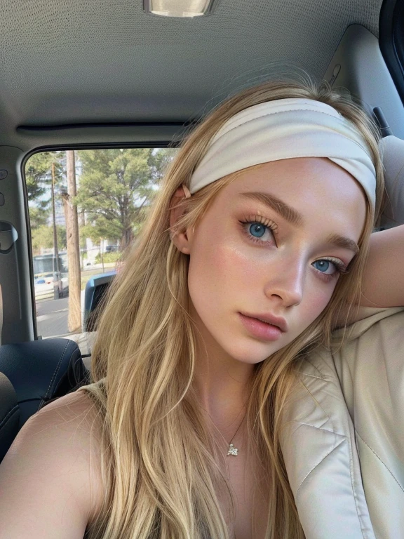 blond woman with headband sitting in car with head resting on arm, sydney sweeney, sophie turner, portrait of kim petras, blonde goddess, inspired by Károly Lotz, margot robbie, gorgeous lady, blonde hair and blue eyes, kailee mandel, blonde, pale glowing skin, instagram model, angie glocka, nicole aniston, sophie turner girl