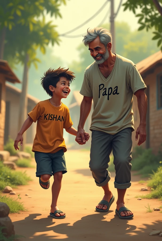 Creat a image a  boy playing with his father a 35 year old indian village man . Name 'kishan' written on boys t shirt and 'papa' written on father's shirt




