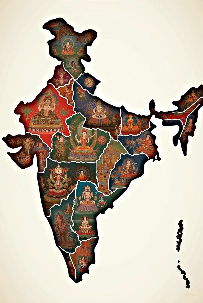 Different art forms of India for example madhubani art from Bihar , Kalamkari from Andhra Pradesh, thangka from Arunachal Pradesh, Assamese scroll painting from Assam, godna from chattisgarh, folk art from Goa , pithora painting from gujrat , sculpting from haryana , kangra painting from Himachal , basholi from jammu and kashmir , sohrai and khovar from jharkhand, chittra from Karnataka, Kalamezhutgu from Kerala, Thangka Painting and Mural from ladakh , gond from madhya pradesh , warli from Maharashtra, block painting from Manipur , wood carving from Meghalaya, textile painting from mizoram, cloth painting from nagaland, pattachitra from odisha , mud work from Punjab , phad painting from Rajasthan , thangka from sikkim , Tanjore from Tamil Nadu , Cheriyal Scroll Paintingfrom Telangana, bamboo work from tripura , sanjhi from Uttar Pradesh, aipan from uttrakhand, kalighat painting from West Bengal all statewise inside India map realistic with fillers in all the state of respective art form