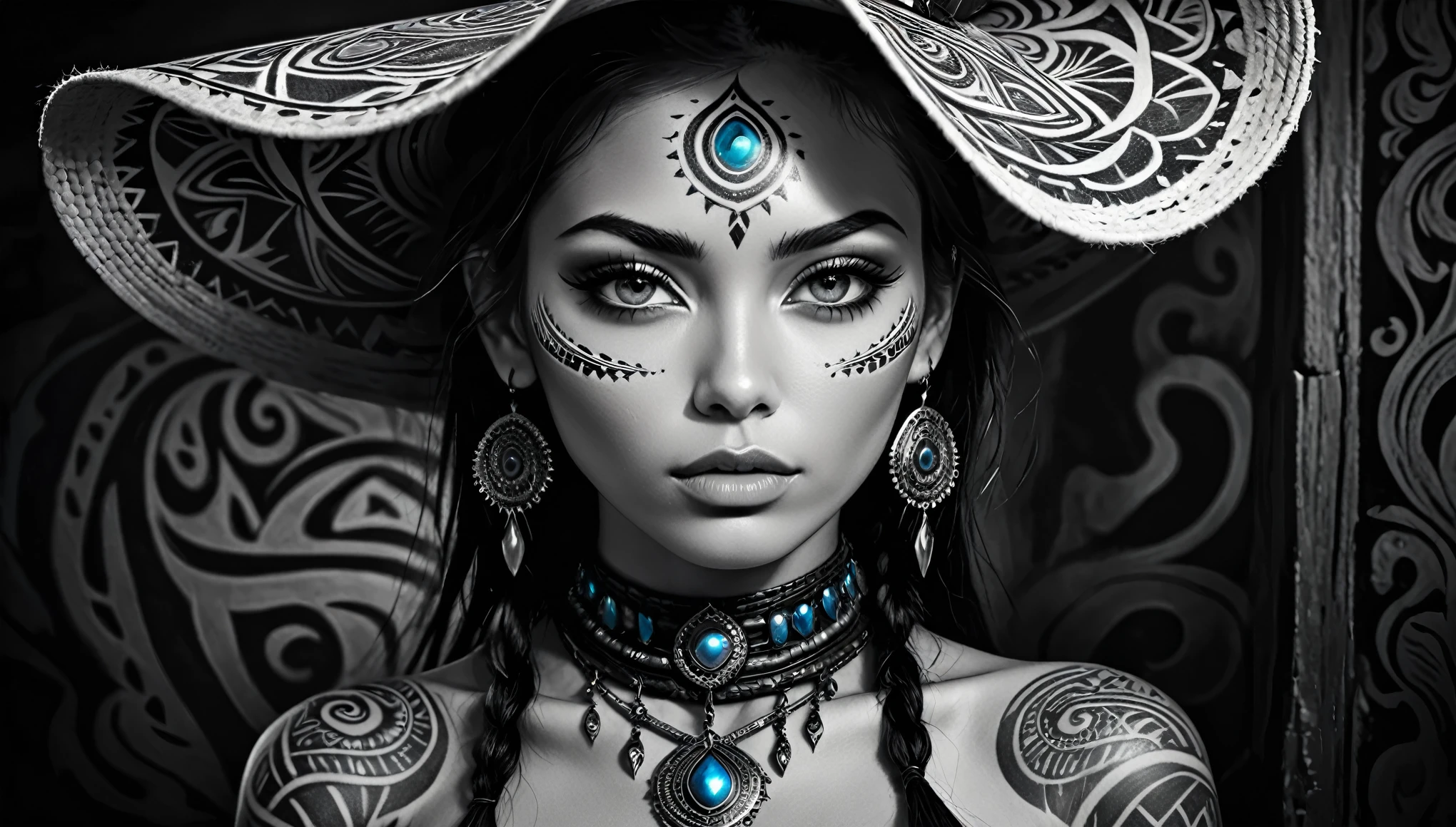 detailed black and white portrait, dramatic lighting, (surreal, dreamlike), (realistic, photo-realistic:1.37), (ohwx woman), Olivia Wild with tribal tattoos on face and neck, realistic, (cowboy shot:1.4), fantasy world, vibrant colors in the background, mysterious atmosphere, tribal patterns on the tattoos, (high contrast:1.1), intricate details in the eyes, (high-resolution, ultra-realistic:1.2), rough texture, surreal landscapes, (ethereal beauty:1.1), supernatural elements, (fine art, oil painting:1.3), (expressionless face:0.9), (haunting beauty:1.1), (intricate patterns:1.2), (majestic:1.1), (mystical aura:1.1), (enchanted:1.1), (elegant:1.1), (captivating:1.1), (dark shadows:1.1).