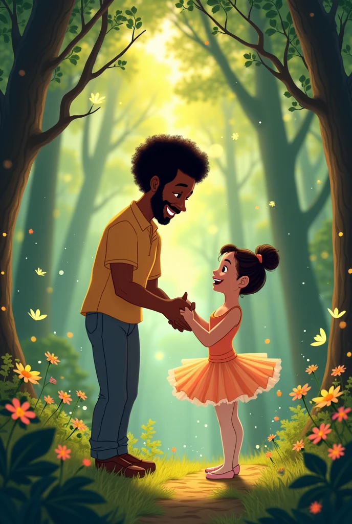 Disney style image of Father's Day dad with his little ballerina daughter with charming forest background black skin afro