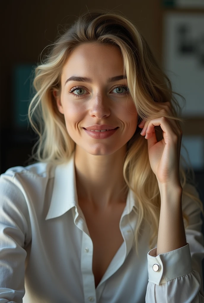 jeune femme blond type européene assise a son bureau avec les yeux marons de très bonne qualité avec une excellente résolution 4K