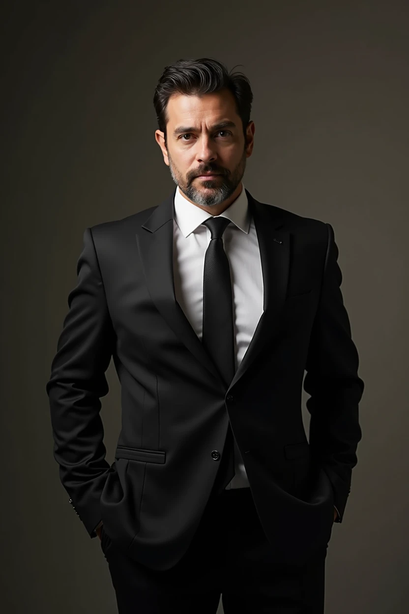 a man in a black suit with the appearance of a millionaire