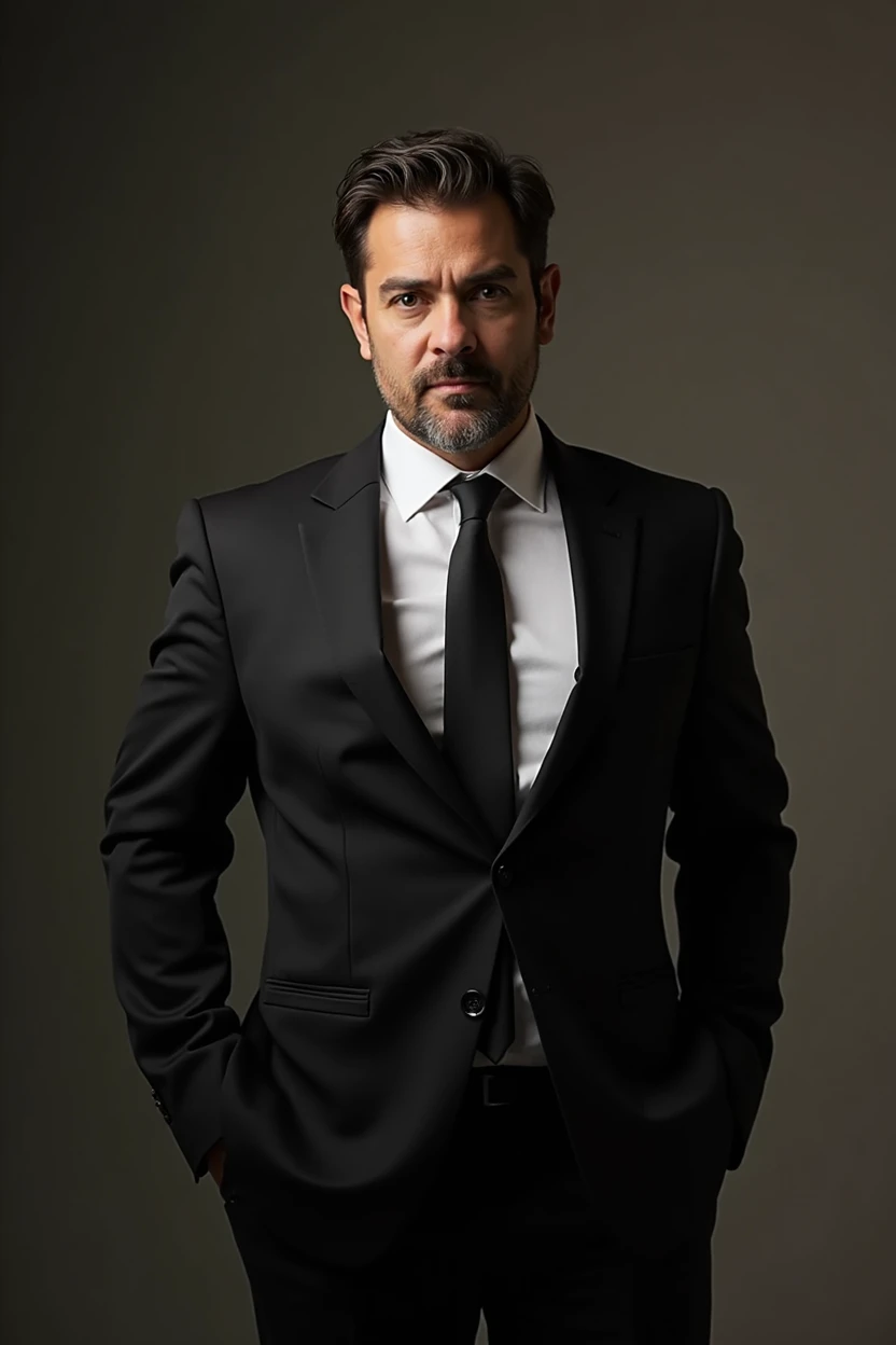a man in a black suit with the appearance of a millionaire