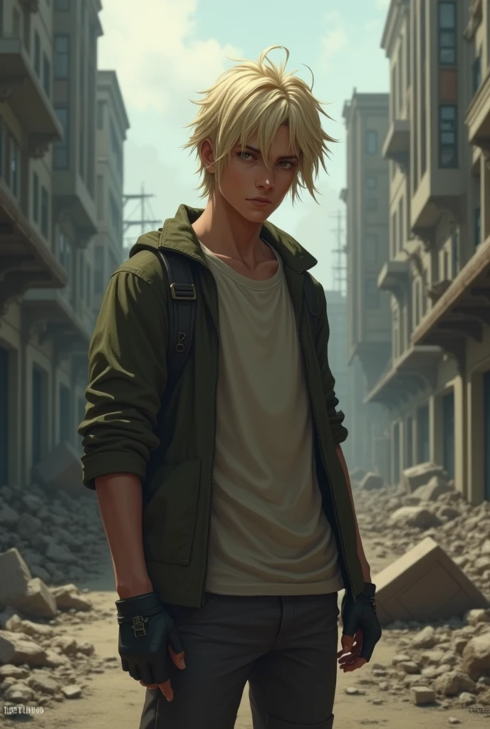 Boy with medium blond hair, dark brown eyes and suspicious face, very good appearance, post apocalyptic setting with casual clothes