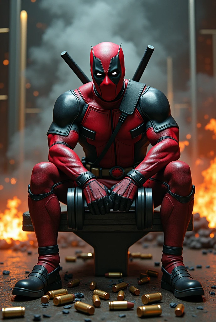 Create a Deadpool in a gym that is sitting on a bench with a gun in one hand and a large dumbbell in the other hand that looks strong and aggressive. Make Deadpool angry and have bullet cartridges on the floor and also fire that makes it look crazy.