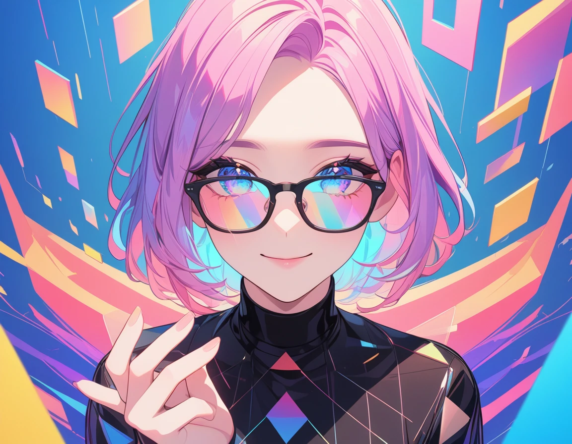 masterpiece,bestquality,superwideangle,fingeraudience,1girl,pinkandwhitehair,hand,cuteanimeface,tears,masterpiece,glasses,transparentcolorPVCclothing,transparentcolorvinylclothing,wholebody,glitchlump}onface,smile,mediumhair,filmgrain,lens_flare,colorful,chromaticaberration,dynamicpov,closedmouth,Intenseemotionalexpression:death,glitchart,ultra-detailed,extremelydelicateandbeautiful,albumcover,album,albumdescription,Pixilationonface,Doubleexposure,ChromaticAberration,Lightleaks,Noiseandgrain,Colordegradation,Glitchlettering,art,abstractart,geometry,clearlines,squares,bright,limitedpalette,{canonicalcomposition},flatbackground,{{bluebackground}},{limitedpalette},flatcolored,blueandwhite,
